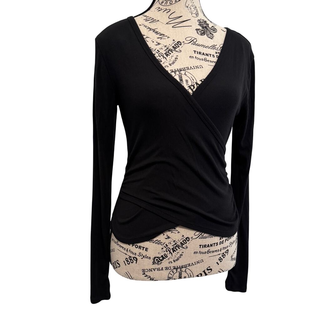 AVIA Women Small Black Ribbed Wrap Front Long Sleeve Top Tencel Modal Balletcore